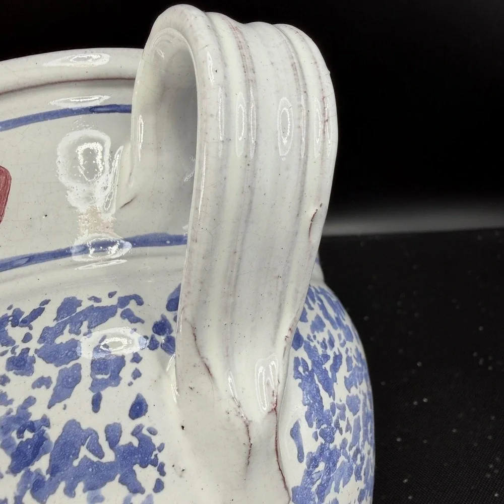 Vintage MM Portugal Hand Painted Terracotta Pitcher Blue‎ Sponge Heart Folk Art